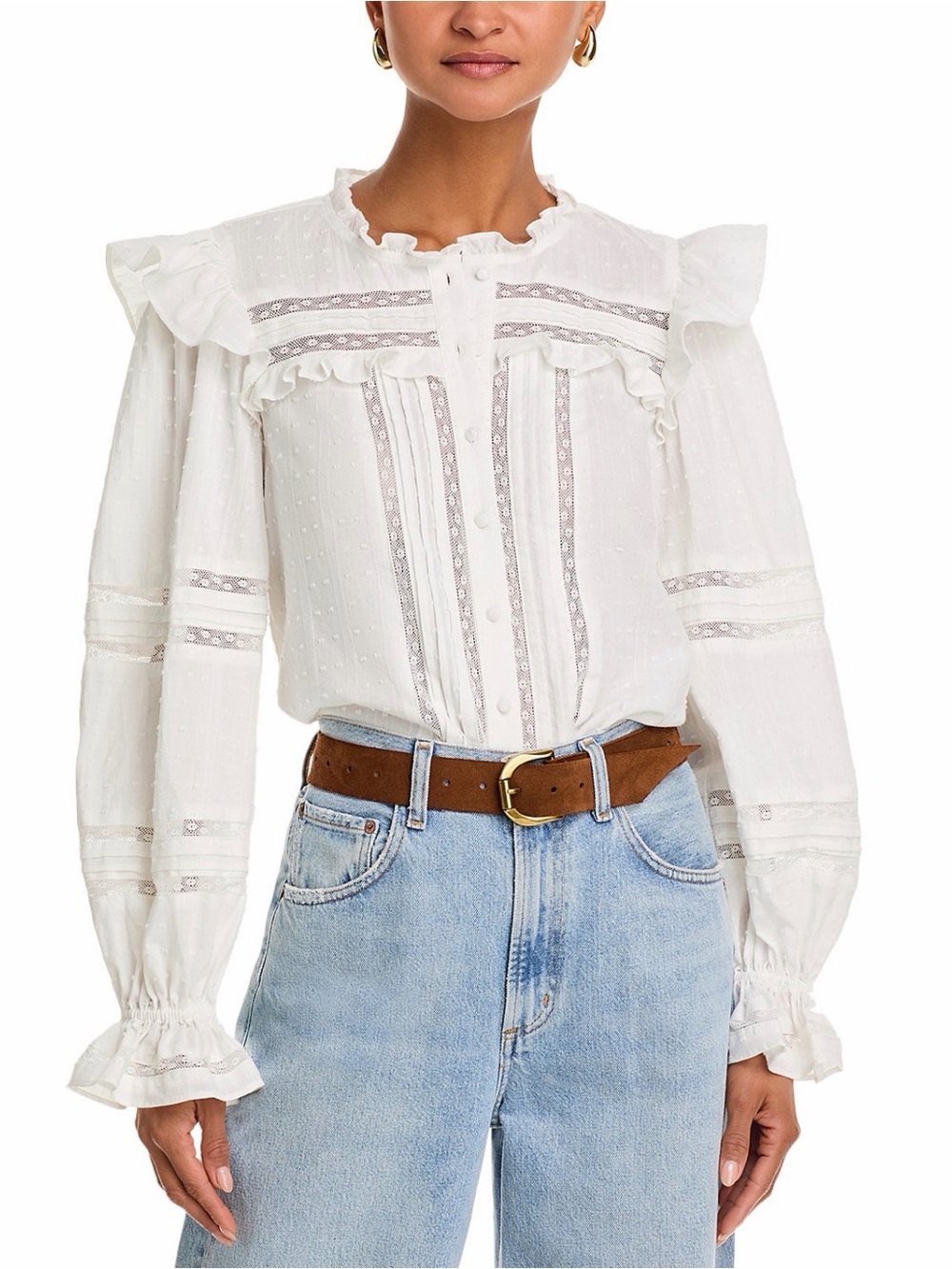 Aqua White Ruffled Lace-Trim Button Blouse